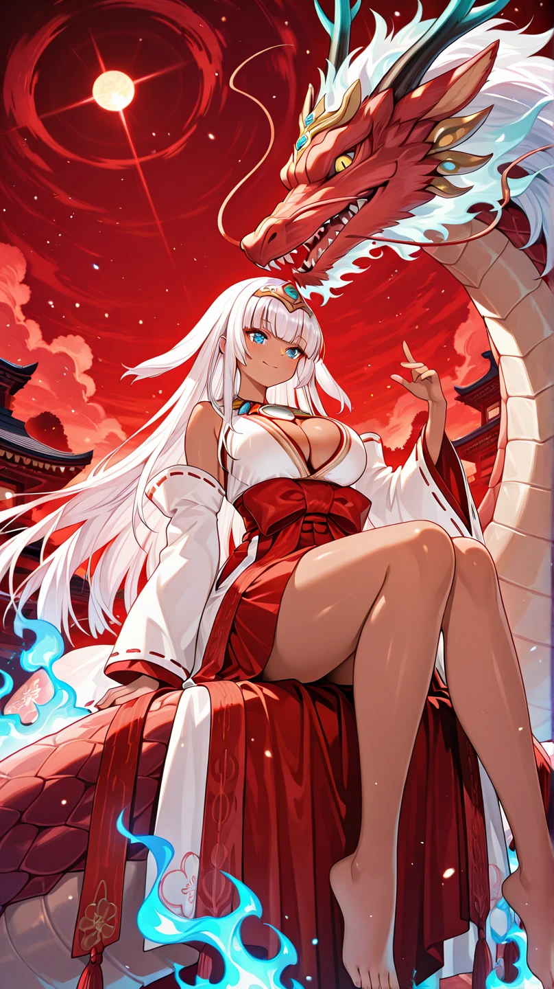 ((ultra quality)), ((masterpiece)), ((Angelic beauty woman)), ((long white curly hair)), ((White hair)), ((fluffy white hair)), ((curly hair)), (beautiful face), (beautiful thick lips), Enchanting ((Calm facial expression)), looks at the camera with a slight smile, (White skin color), (White skin), glow on the body, ((detailed eyes)), ((Next to a huge black snake)), ((violet eyes)), (juicy female lips), (dark eyeliner), (beautiful female hands), ((thick body)), ideal female body, ((Red dress)), beautiful waist, beautiful big hips, big breasts, thick thighs, ((threatening and beautiful)) (), ((depth of field)), ((high quality clear image)), (delete details), ((High detail)), ((clear focus))