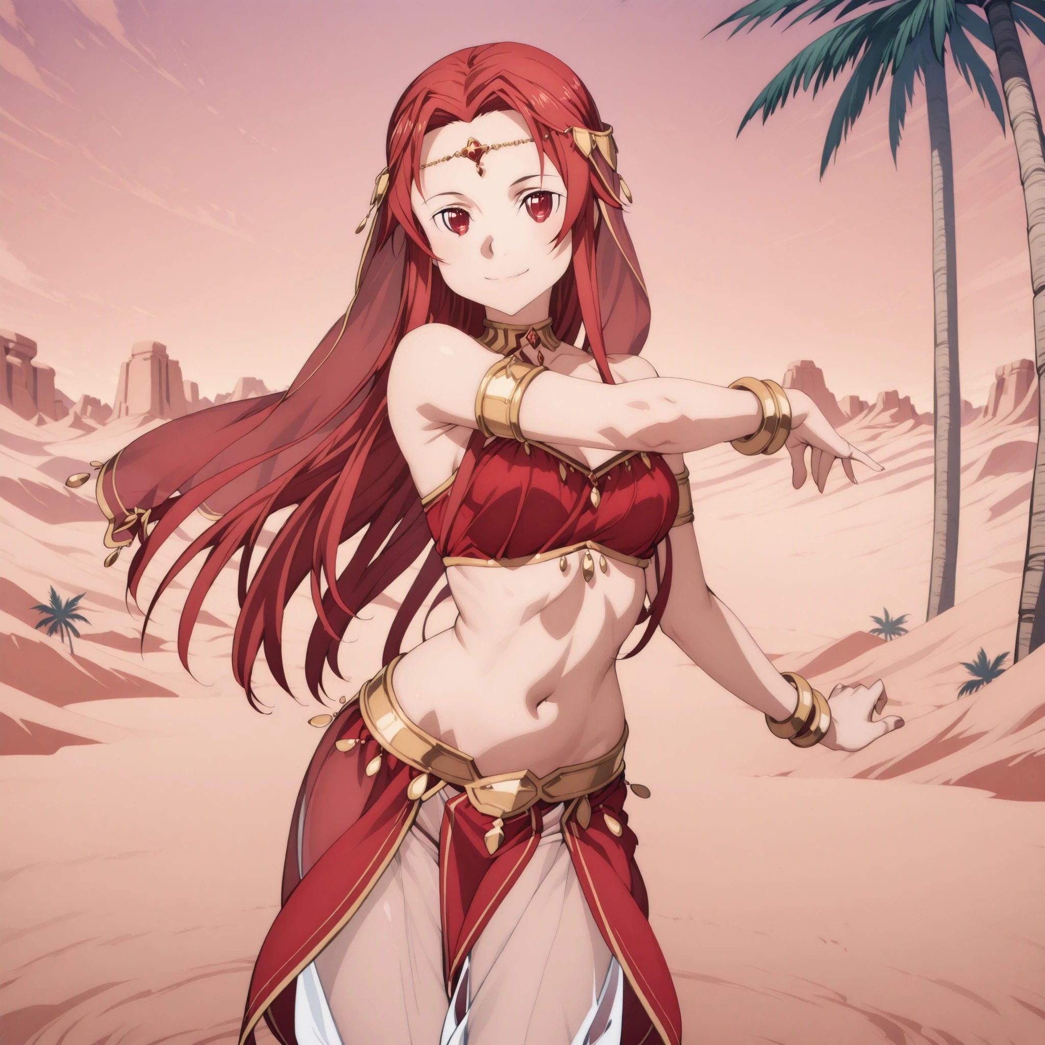 (1girl:1 . 5) , (Seul:1 . 5) , score_9 , score_8_haut , score_7_haut , source_anime , Official work , ultra-detailed , masterpiece , best quality , high res , beaux yeux , detailed eyes , detailed face , beautiful detailed eyes ,Sword Art Online Alicization,Shtolienen Tiese, Arabian Clothes , Arabian Dancer ,belly dancer costume , golden jewelery,harem outfit, harem skirt, harem pants, transparent pants, belly dancing, harem veil ,desert landscape,palm tree, seductive smile, dancing with veil, dynamic movement, seductive pose,sexy pose