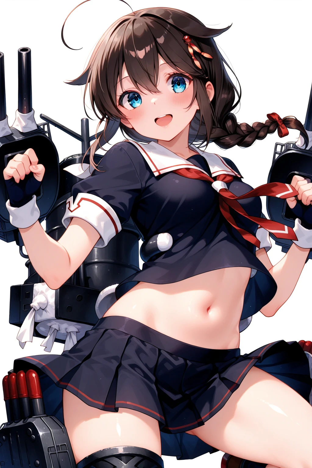 Highest quality, masterpiece, High resolution, alone, {inazuma_Kantai Collection}, brown_hair, Folded_ponytail, brown_eye, length_hair, Open_mouth, smile, School_uniform,skirt,Pleats_skirt,((Flat Chest, Small breasts)),navel, (White panties), (In underwear), (lingerie), (Outdoor), (skirtリフト),((nsfw)), Wet clothes, ((Panty shot))