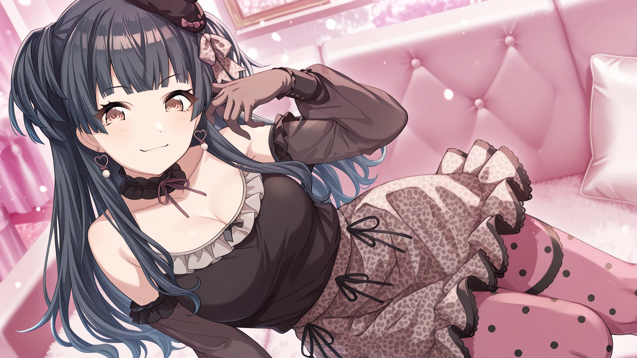 (nsfw:1.3),(open chest:1.3),((very flat chest :1.3)),((open skirt:1.3)),((side tie panties)),highest quality, masterpiece, long eyelashes, Sparkling輝く目, Dresses with ruffles and ribbons, Eat cake in a café, Sparkling, Cat ear, flower hair ornament,
