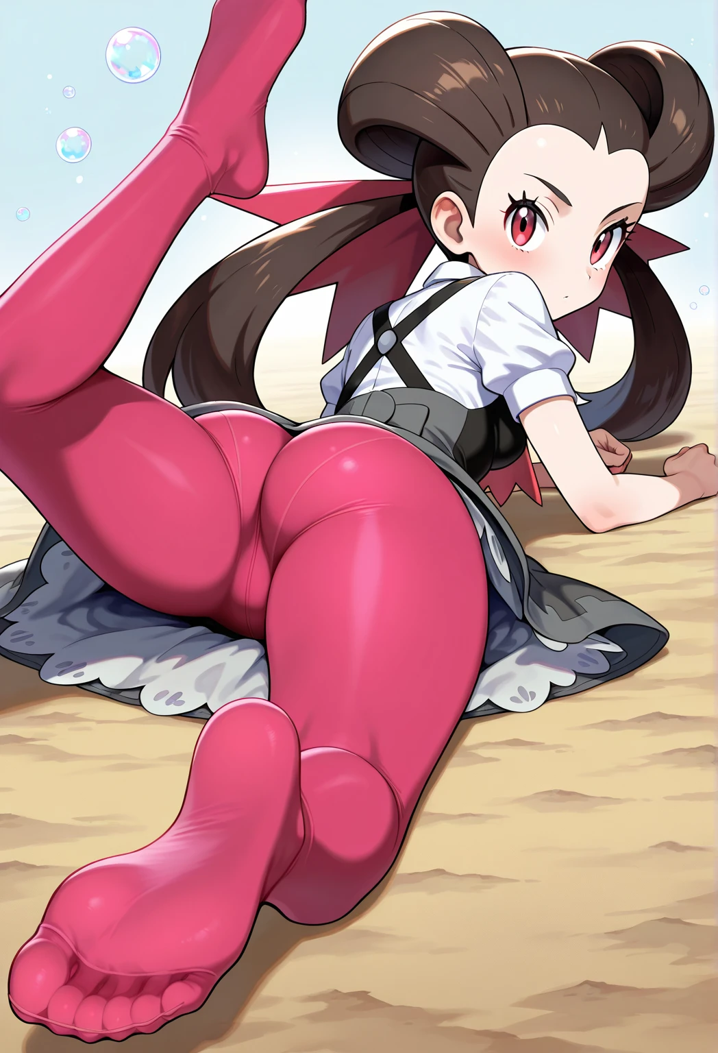 pokemonmarnie, aqua eyes, , black hair, hair ribbon, long hair, red ribbon, ribbon, twintails, room, breasts, blush, highres, looking at viewer, bouncing breasts, nipples,, nude, hands on hip, seductive smile, ass, back,