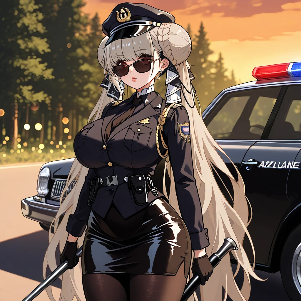 A woman wearing a police uniform, black uniform, black skirt, black tights, police hat, leather hat, black hat with gold details, silver hair, double bun, big breasts, perfect hips, thick thighs, long sleeves, black gloves, holding a truncheon, sunglasses, perfect lips, next to a British police car, on a road in the middle of a forest, wide lawn, sunset location.(Azur_lane, Formidable.) accurate, anatomically correct, textured skin, super detail, high quality, best quality, 8k, high resolution, bokeh effect, close view.

