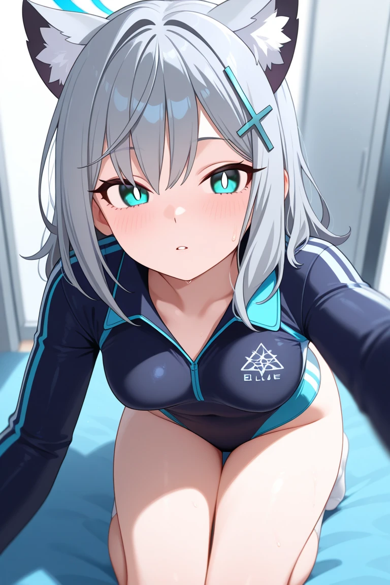 ((Girl in 1))、A masterpice、Detailed beautiful face、Bright lighting、daytime、plein-air、Brighter、Detailed beautiful eyes、high resolucion、Ultra-fine illustration、an extremely delicate and beautiful、最好的质量、The whole body is shown、Squatting、squatting down、(lolita:1.7)、Open both knees、独奏, Adolecente、(dark skinned), (has silver hair, short-cut、Bob Hair、Blue eyes),smile on face、Smiled face、Hair tied at the back、Curvaceous, (shinny hair, glossy eyes, shinny skin), (shining skin:1.2), 、thights、arm behind head、Raise your arms、Armpit、front facing,(((Competitive swimsuit))Pichi Pichi clothes、((The navel is hidden))、pelvis curtain、Armpits、smile on face、black thighhighs、Watch your audience、under-boobs、Black belly、Blushed、the sweat、Jeweled、Parting lips、pantyhose、Blushing cheeks、tiptoes、gloves、Elbow Gloves、Recurve the body、Upper body arching