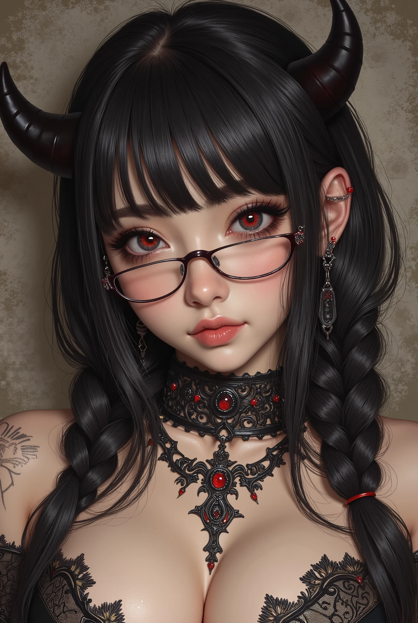 OKですかですか、(best illustrations)、8k UHD resolution、intricate details、highest quality、realistic、Super detailed、best lighting、best shadow、soft lighting、ultra hd、超realistic、Tyndall effect、Photoreal、(high detail skin:1.2)、 (intricate details, compensate, face to face with the children_v1:0.5), (OK, beautiful and delicate face, OKですか, beautiful and delicate eyes, perfectly proportioned face, high resolution skins, fine skin, Optimal ratio of 4 fingers and 1 thumb, arm under chest, red tattoo on lower abdomen、Wow wow, wide hips, smooth abdomen, thin and thin skin, __fashion__, __hair__:1.25)、Digital single-lens reflex camera、 absurd、(table top: 1.3), (maximum resolution: 1.2), (ultra hdTV: 1.2), cinematic light, fine eyes and skin, detailed facial features, , (sharp focus: 1.2）, (focus on the face:1.2),perfect style, beautiful face, acura, anatomically correct, Highly detailed face and skin texture, fine eyes, double eyelid, thin eyebrows, glitter eyeliner: 1 natural cheeks, Glossy skin, Fair skin: 1.2, (glossy lips: 1.4),(embarrassed look: 1.2),Highly detailed face and skin texture, fine eyes, double eyelid, natural cheeks,  glossy lips: 1.4,exposed cleavage、Bewitching。charm、 Beautiful devil woman from hell, デヴィッド・ホックニーとアルフォンス・ミュシャによる超realistic女性の肖像画, charm女性の肖像画、fantasy art, Chinese humanoid robot、chinese actress、dungeon、dragon、devil&#39;palace of、devil&#39;torture chamber、night、dark style 、in the dark、(detailed spooky background:0.8), magic、 1 girl、evil nun、dark necromancer、Succubus、devil&#39;Daughter of、Shinonome Umi、bat wings，(((devil&#39;Horn)))、 ((((giant glasses, otaku glasses, thick glasses, round glasses)))),(((big breasts)))、(devil&#39;Tail)、(red eyesは光り輝いて:1.6)、red eyesは非常に鮮明で詳細です, your eyes are so beautifully made, ((red eyes:1.0)),intricate tattoo, demonic intricate tattoo, thigh tattoo, body tattoo, masterpiece、最もbeautiful face、baby face、cute smile、beautiful plump red lips、筋肉のcharm体、devilのcharm体、devil style、charmブラックマジックコスチューム、The long-haired、Braid、Black hair、Ponytail distortion、, Ponytail with a bow tied at the back of the hair, beautiful expression、body up、big breasts強調、bust,  super tight chest, Breast augmentation surgery, Breasts are very big and round,tight waist、wide ass、 secret key, cowboy lens, (black phoenix dress: 1.0),  devil crown,  bright red jewel necklace、Jewelry G Wise,  Please wear black mesh socks,wearing light red、nffsw, nffsw, Meeting beautiful girls, look at the girl&#39;Main body,