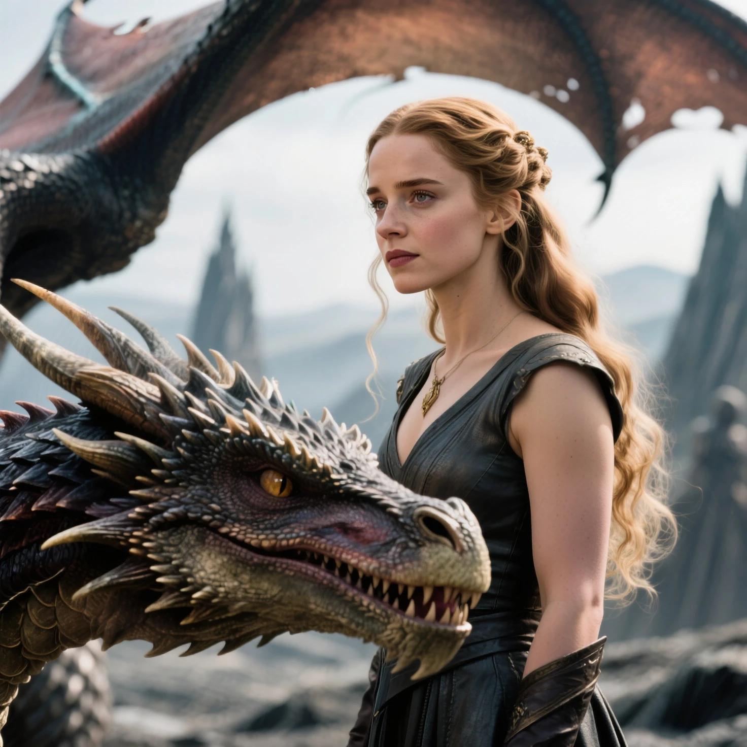 (ultra quality,8k,highres,masterpiece:1.2),ultra-detailed,(ultra-realistic,photorealistic,photo-realistic:1.37), The most beautiful woman, Rainis Targarian from the novel Game of Thrones, with purple eyes and long silver-gold hair that she wore loose, stands next to her huge winged dragon