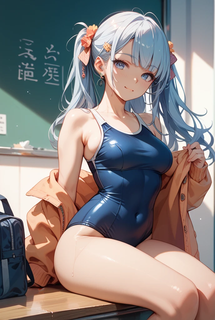 top-quality、Full limbs、complete fingers、Slender beauty、1人の女性、((Light blue school swimsuit:1.3)), ((Beautiful Large Breasts:1.3))、A big smile、beautiful face、Naughty Poses、Dancing、‎Classroom、The sun is setting