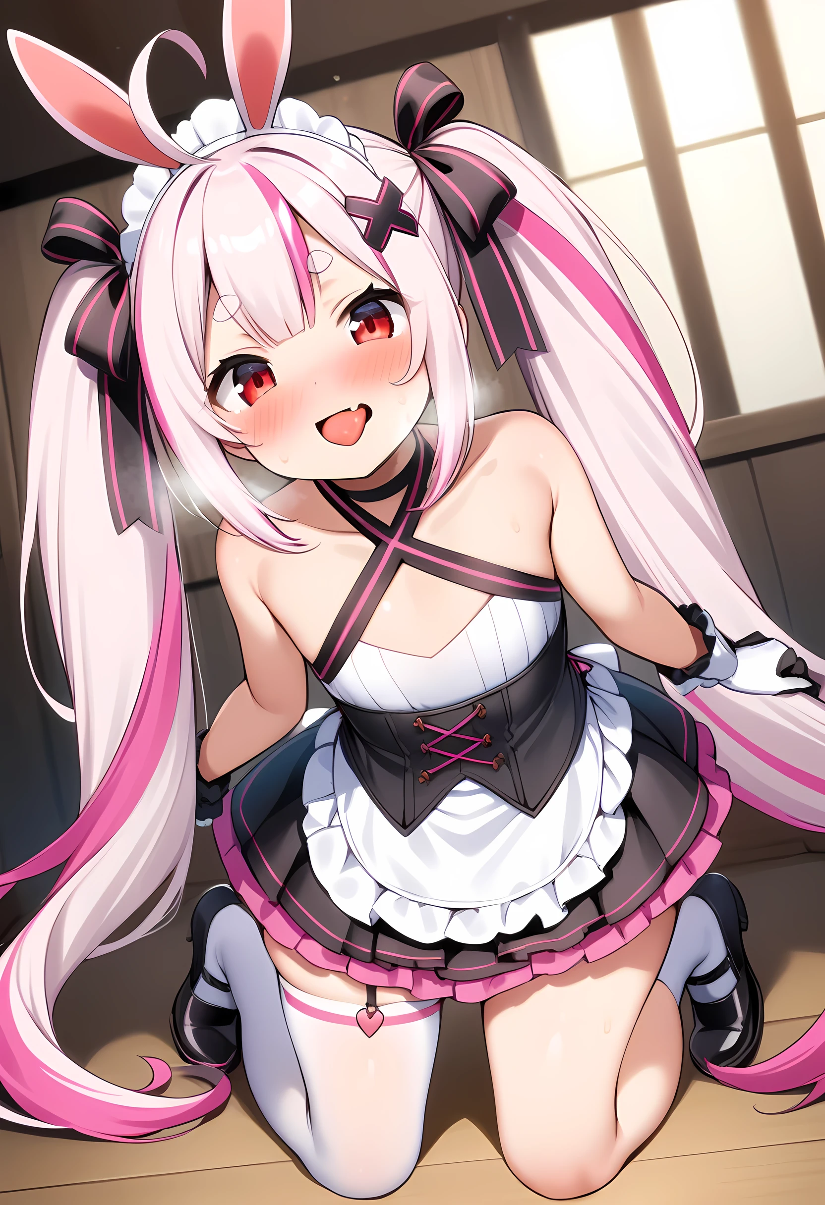 score_9_up,score_8_up,score_7_up,score_6_up,score_5_up,score_4_up,(pov penis),tomari mari, 1girl, virtual youtuber, rabbit ears, long hair, twintails, very long hair, pink hair, two-tone hair, multicolored hair, streaked hair, ahoge, thick eyebrows, short eyebrows, red eyes, a single fang, flat chest, (curvy), x hair ornament, hair ribbon, black ribbon, white headdress, black choker, criss-cross halter, white crop top, yellow necktie, black corset, waist apron, frilled skirt, black skirt, black gloves, frilled gloves, garter straps, single thighhigh, white thighhighs, black footwear,(((kneeling ))),in heat, sexual arousal,(((mesugaki))),(smile),open mouth,tongue out,(heavy breathing),indoor,in the woodhouse,angle from above,looking at viewer,Character focus,