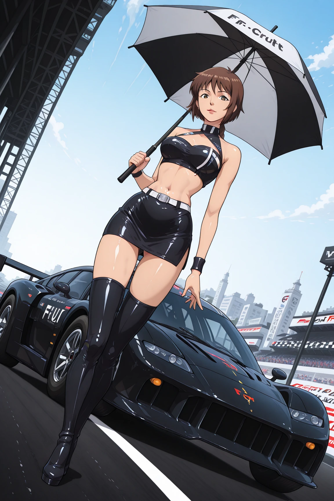 1sologirlRogue looking to viewer, wearing red bikini outfit, full body toe to head sitting on red car hood, barefoot, tiara, muscle tone body, navel, hands lifted shaved armpits, short hair, red gloves gauntlets