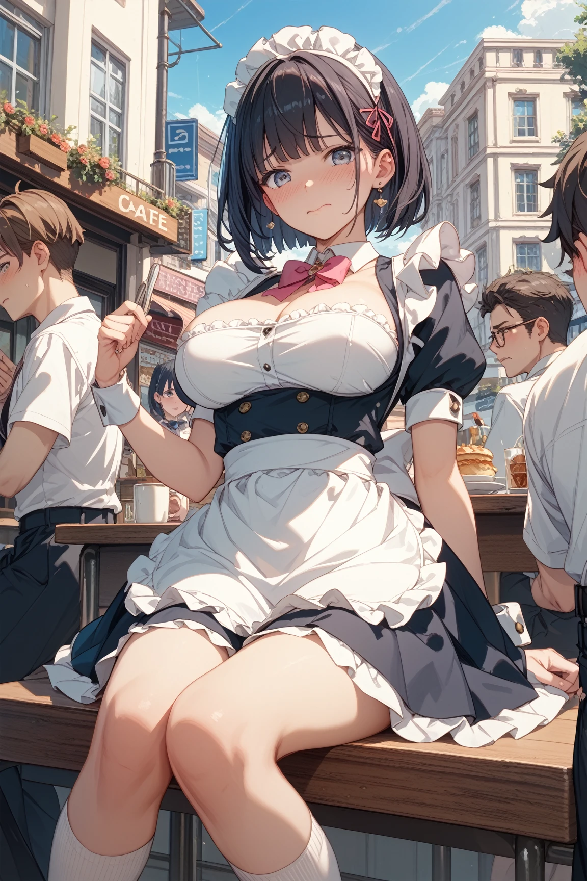 Rem from Re:Zero、light blue hair、short hair、table top、High resolution、many girls multiple girls、large crowd、lots of cute girls、big and full breasts、naughty body、See-through、throw、、whole body、Are standing、Look up at me、confused face、blush、black pantyhose、female shape'Private parts are clearly visible、I can see your nipples、white shirt、navy check skirt、micro mini skirt、very short skirt、Department store、shop、Many people々々々、in the crowd、bare chest、show your chest、from below、Low - Angle、while holding the tray、place the chest on the tray、Upper grade、A lot of milk comes out from the nipples、Breast milk gushes from the nipple、cat ears maid clothes、Blue gingham check maid uniform、With cup 、Breast milk drips from the nipples、Breasts wet with breast milk、female shape'Private parts are clearly visible、view from a distance