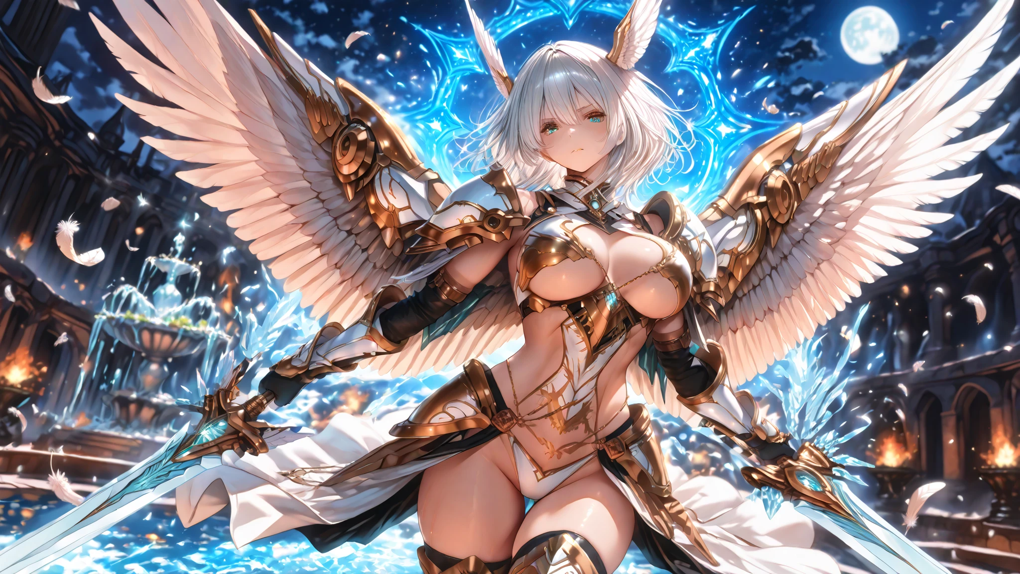 fantasy, 1angel_girl,(young_teen:1.5), ,brown_hair, medium_bob_hair, long_bangs, halo,bare_shoulder,thighhighs,silver_armor, waist_armor, large_breasts,angry,grinning,open_mouth_teeth, 1pair_wings, dynamic_pose_fighting,floating, bare_crotch, headgear,gauntlet, greaves,city_background,slightly_spread_legs, solo, groin_naked,