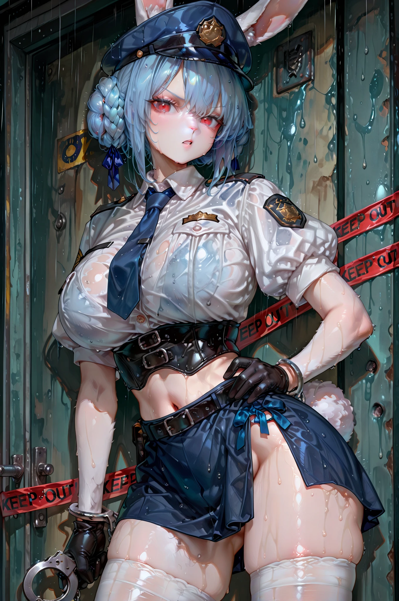 tmasterpiece,best qualtiy,8K,1个Giant Breast Girl,RAW photogr:1.2,realisticlying:1.4,ayanami rei,blue short hair,red color eyes,eyes reflection,eyes with brightness,Blushlush,is shy,high saturated,Pink skin,skin reflections,Bigboobs,(Hourglass figure),(dressed as a police officer,Police uniform,Police cap,handcuff),The background is a fantastic misty rural landscape,posing on a,Side lens