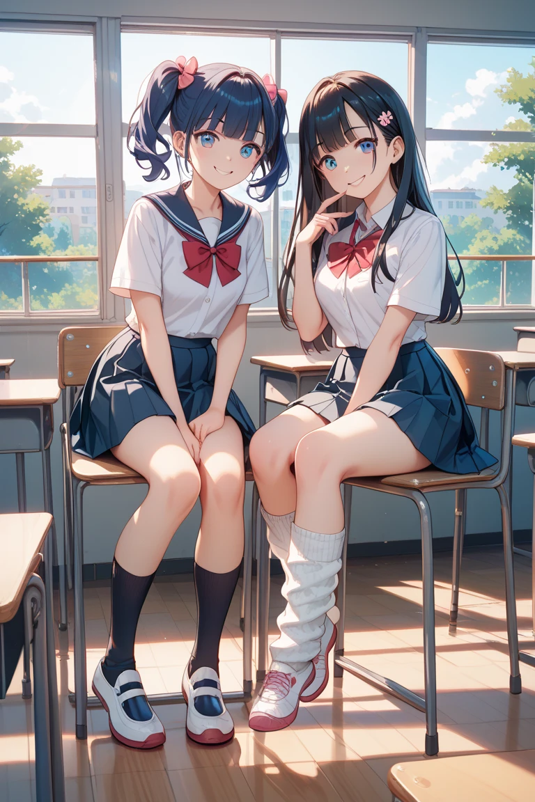 (Best quality, 8k, 32k, Masterpiece, UHD,:1.2),RAW, 2girls,ultra cute , natural lighting,transparent shining eyes, 20yo,medium breast ,fair complexion ,flushed face,dynamic Lighting, on stairs, ((school uniform)), crawling position on their hands and knees, closing legs, loafers, nsfw, halfway up the stairs, shiny, show off panties, White or blue panties