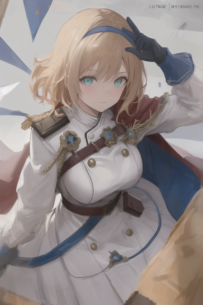 1 girl in, White one-piece military uniform, dark orange eyes, Small boods, Belt under boobs, White military uniform, White skirt,blonde hair,