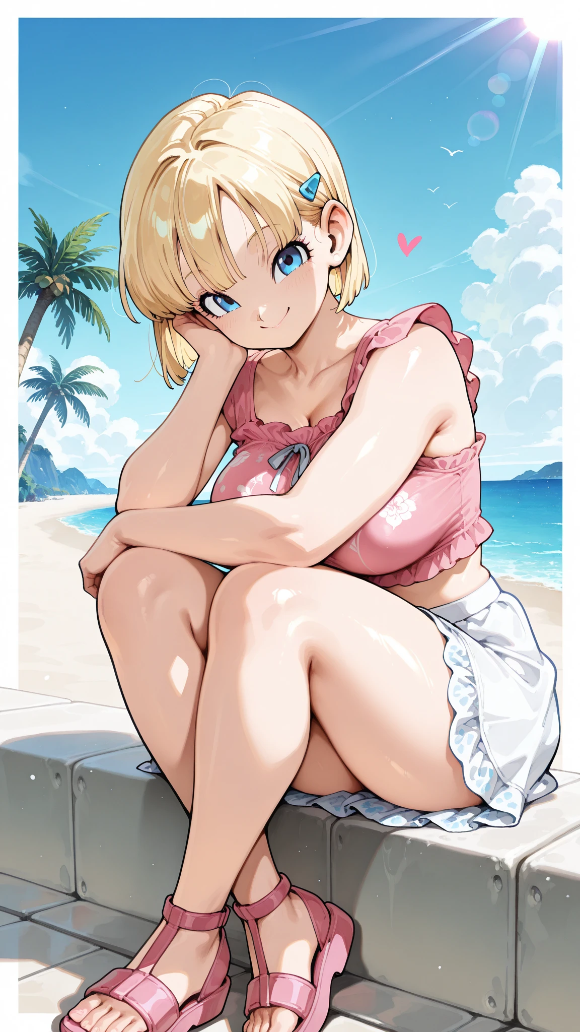 (masterpiece, best quality:1.2), (solo), Android 18 from Dragon Ball, 20s, ((string bikini, pastel pink bikini)), sitting, (hugging own legs), medium breasts, blunt bangs, short blonde hair, (blue eyes), earrings on earlobes, slender feminine figure, skinny body, blush, sky, magnificent view, blur background, 4K, open mouth, beach, side-tie bikini bottom, smile, Sandy Beach, highleg bikini, barefoot, facing viewer, knees up, beautiful butt, front view, crossed arms, side boob, cleavage
