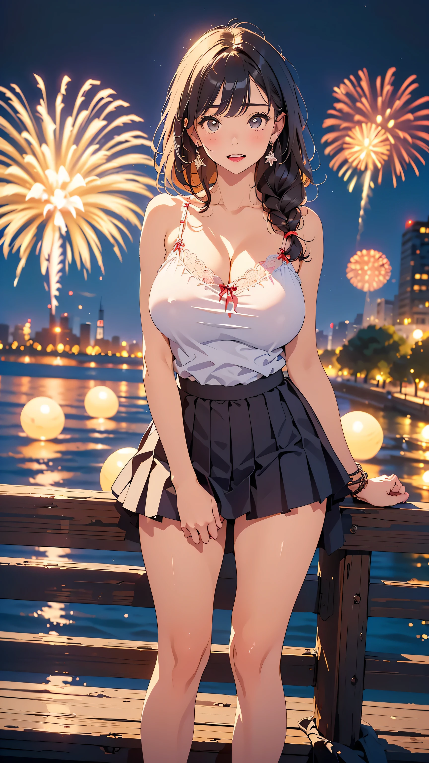 Masterpiece ,best quality , high resolution , ultra detail , colorful , soft light , mild light , sunlight , shinny , (perfect fingers , Detailed fingers, perfect hands) , (1 girl solo:1.38) , (Misato katsuragi) , (black eyes, ponytail , purple hair, medium_long_hair, make up, necklace, tall, slim body) , (wear bikini , red jacket , strapless , head tilt) , (cleavage:1.15) , (big breast:1.1) , (outdoor, firework , in park, night , moonlight , romance light) , (standing cowboy shot) , ( full face blush , shy , smile , open mouth) , (front view , fave view , looking view)