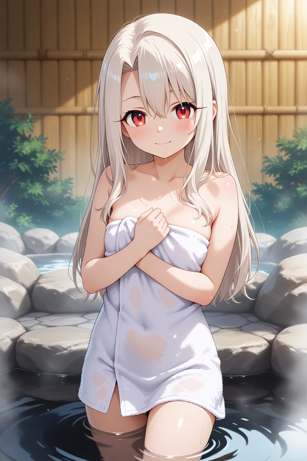 cute girl, anime, silver hair, blue eyes, feel shy, hot spa, ((high quality)), small bust, cute, (young:1.2), stand, topless, cowboy shot, leaning forward, nude, bathing,