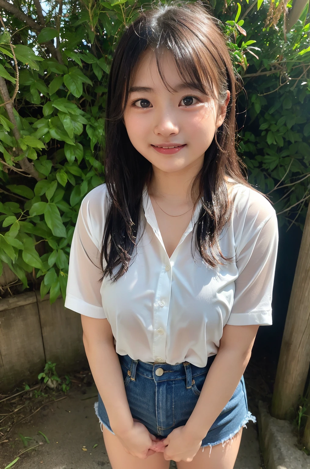 Very cute girl、beautiful girl、Sitting、Spread your legini skirt、Cute Panties、smile,from below