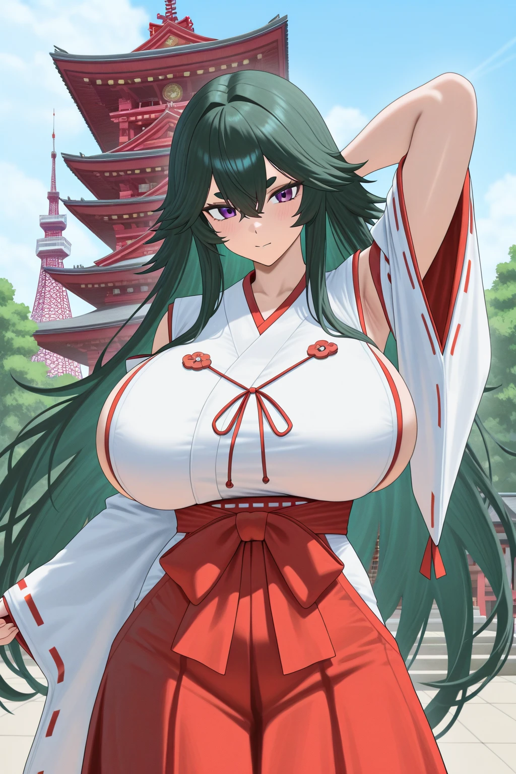 a woman in a Japanese garden in the autumn period, wearing red kimono with gold details on the kimnono , smiling, big breasts, red eyes, black hair.
