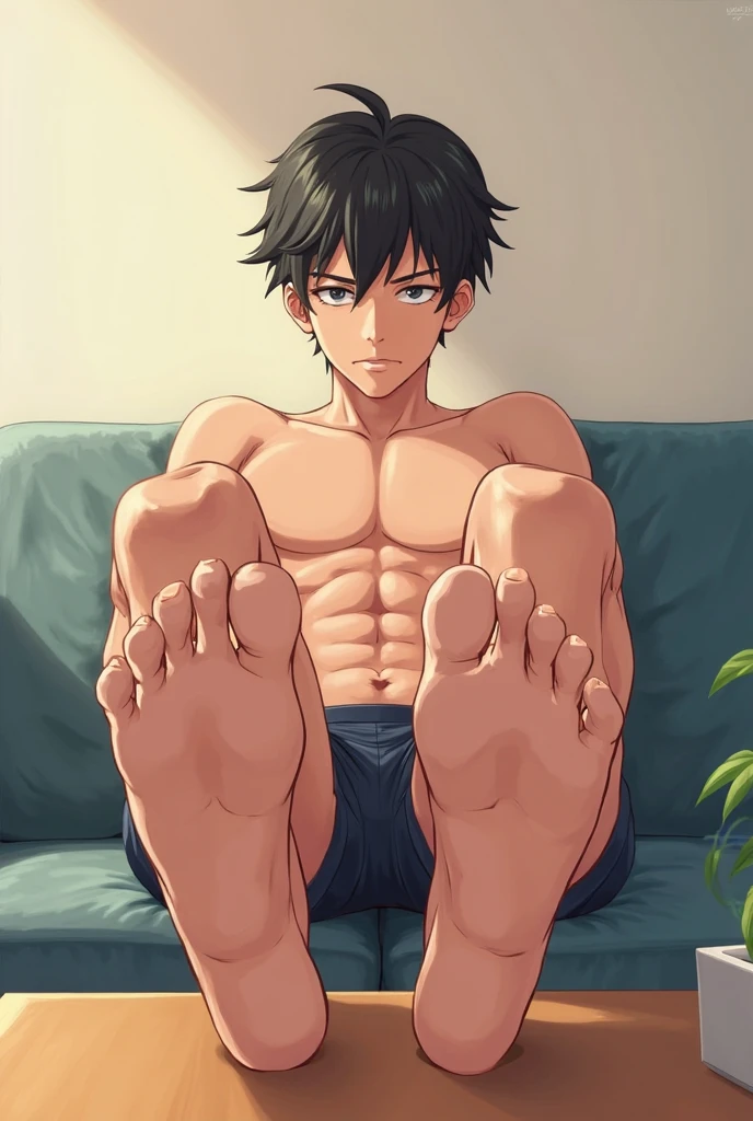 kageyama tobio wearing nothing but his navy blue underwear and white socks sitting on his bedroom on his bed with his foot raised showing the sole of his socked foot showing it to our face as I lay on the floor shrunken to the size of an ant waiting to be stomped on.