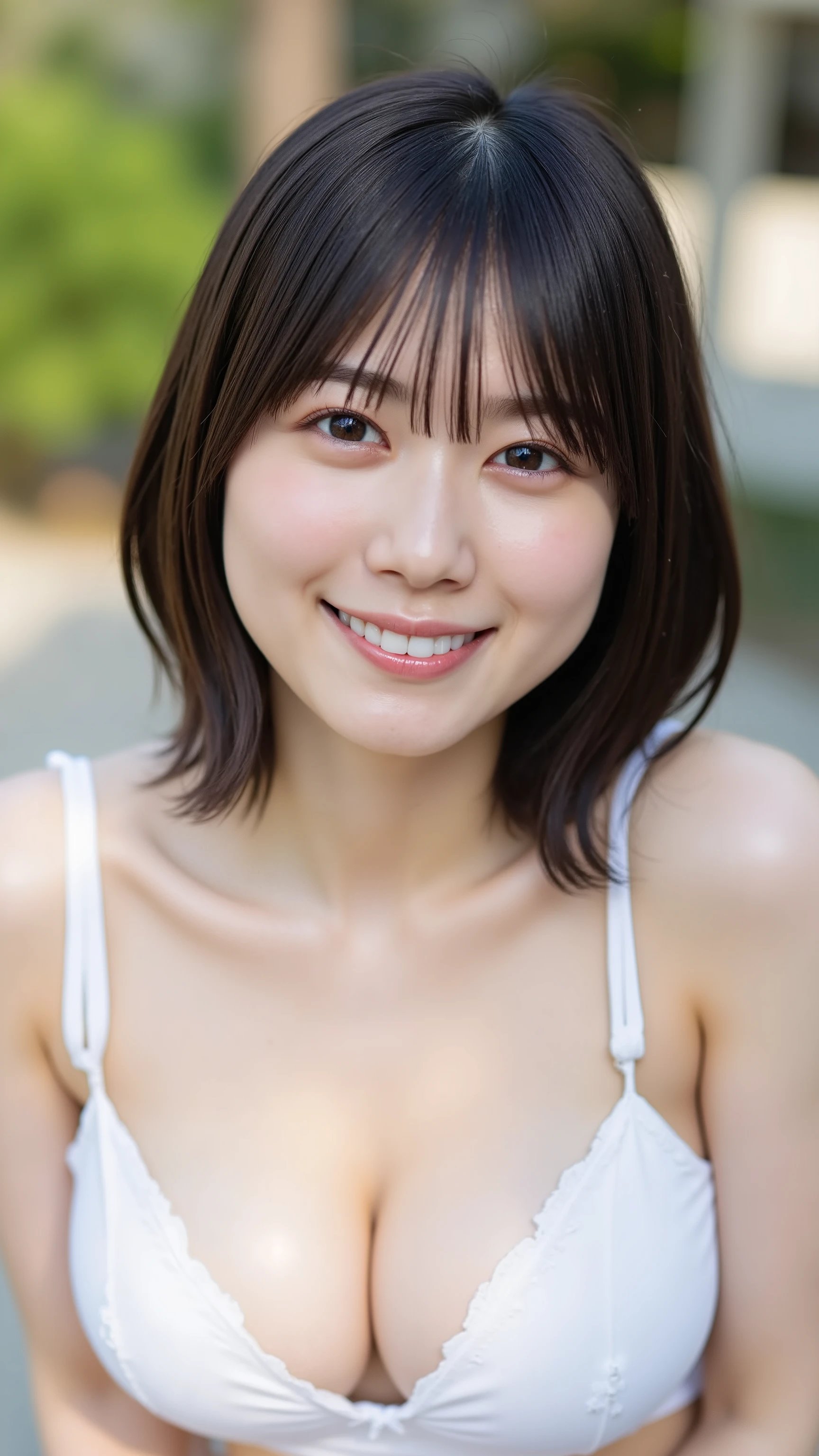 Highest quality, 8K, Tabletop, Realistic, Realistic, , (窓からはLate Nightの大都会の夜景、Ample breasts:1.2), Big Breasts, , , Abundant hips, Detailed face, Beautiful Face, , Beautiful woman,((Gray detailed eyes、Translucent skin texture、A shy smile、Fluffy hair、Light Brown Hair、Big city view from the window、Shaggy Cut、Floating Hair、、Cute Japanese Idols:1.4)). (、short hair、Floating Hair、Parted bangs、Bedroom、Sit on the bed、Place your hands on your feet、Late Night、indirect lighting、Sheer white bra and panties、Ample breasts、Looking into the camera:1.2))