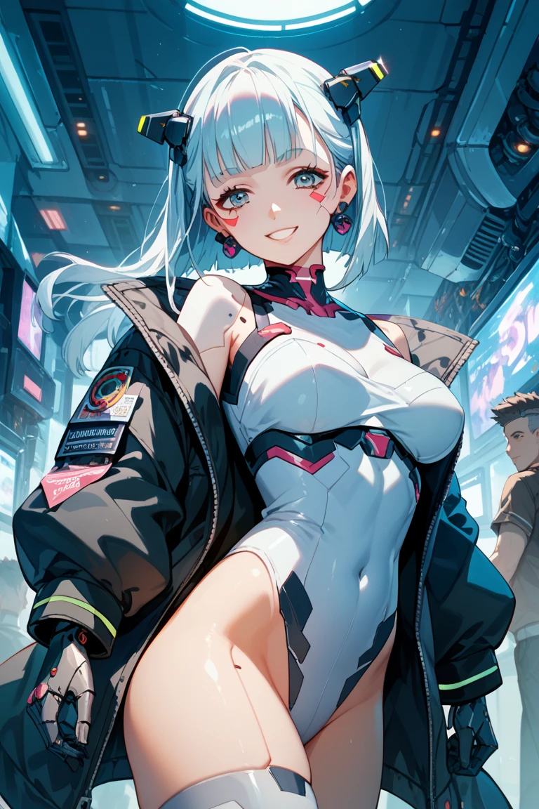 ((masterpiece:1.4、highest quality))+、(super detailed)+、
1 girl、cyberpunk city、flat chest、headphone、wavy hair、mecha clothes、(robot girl)、Cool move、Silver Bodysuit、colorful background、Wet day、(lightning effect)、Silver Dragon Armor、(cold face)、cowboy shot、pretty girl