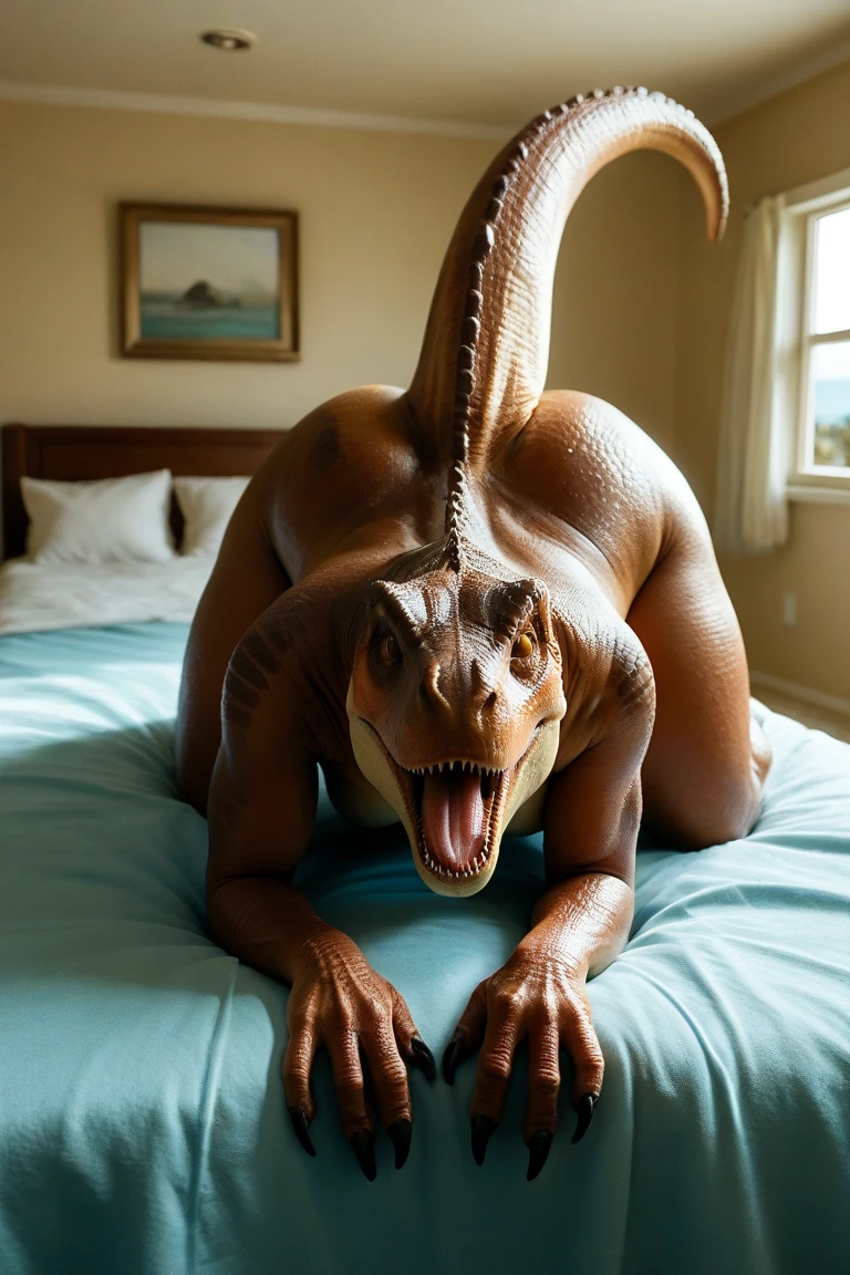 (((solo))),  ((((((feral dinosaur, cloaca, dinosaur tail, raised tail, leaning on bed)))))), (((((butt focus, bedroom))))), wide hips, legs wide spread, wide shot, close-up, Wide-Angle, masterpiece, high details, high quality, best quality, highres, HD