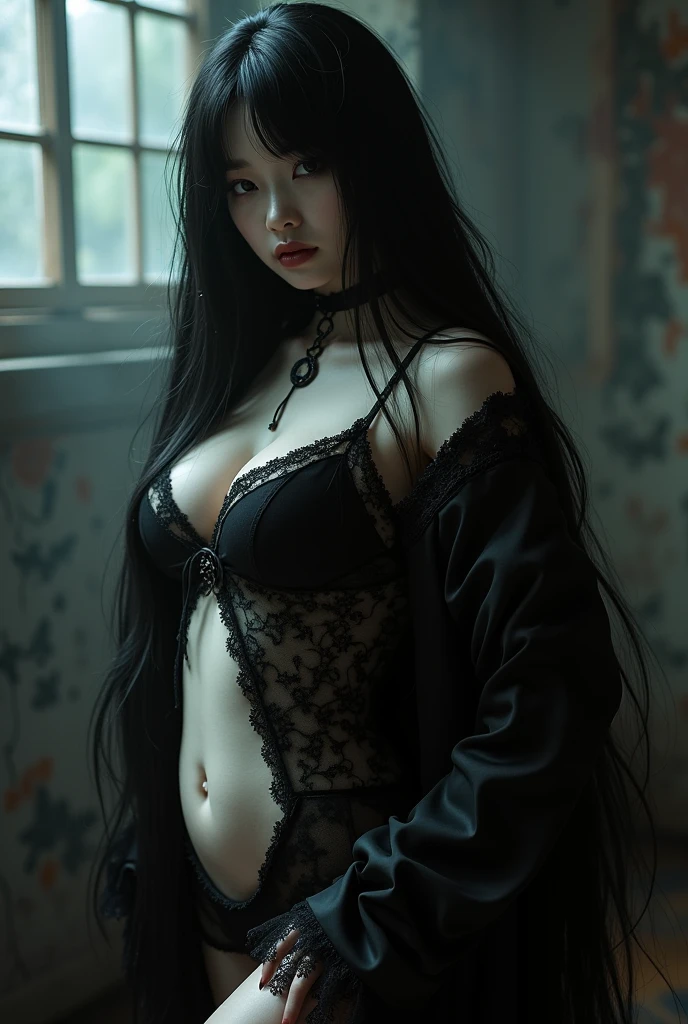 "Depict Belphegor, the demon associated with sloth and luxury, reimagined as a female figure while retaining her iconic features. She has a slender, skeletal form, with delicate yet menacing curves, draped in a tattered, elegant robe that once symbolized grandeur but now hangs loosely, worn and decayed. Her face is a haunting blend of beauty and terror—skeletal yet feminine, with high cheekbones and hollow, glowing eyes that peer out from beneath a shadowy hood.
Her twisted horns remain, curving gracefully from her head, but now adorned with delicate, tarnished jewelry that hints at her once-glorious past. Her long, dark hair cascades down her back in loose, tangled waves, adding to her ethereal and haunting presence.
Her hands, though bony, have a certain elegance to them, with long, sharp nails that suggest both power and decay. She sits on a similarly ornate throne, her posture both regal and ominous, exuding an aura of both beauty and dread.
The background is a grand, decaying hall, with cracked marble floors and dusty, cobweb-covered chandeliers, illuminated by the soft glow of flickering candles. The atmosphere is filled with a sense of ancient luxury that has long since faded into decay, mirroring Belphegor's own transformation into a hauntingly beautiful yet terrifying female figure."
