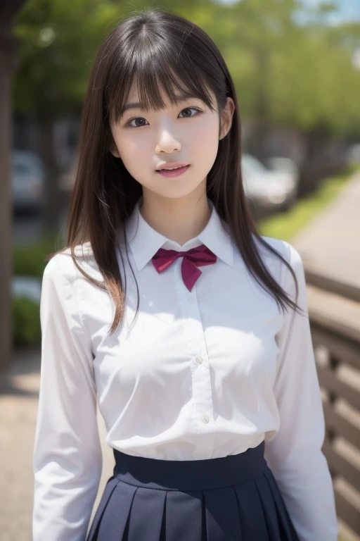 Highest quality,Ultra-high resolution,Japanese Beauty,Uniform with collar,ribbon,cute,double eyelid,Big Eyes,Brown Hair,looking at the camera,{{petite slender body}},smile,teeth,See-through clothing,Ruck sack,Bicycle commute,Pussy exposure,cute crotch,,Nipples
