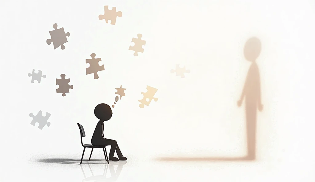 Create an image with two three-dimensional humanoid figures in a white space. A figure is sitting on a small blue stool, bent over with her head in her hands, suggesting a stance of disbelief. She must have a thought bubble with the phrase: "I can't believe he forgot we've been married for 3 years, we have 3 children and 5 dogs." The other figure is standing, facing the first, with an outstretched arm and an open hand, as if confused. This figure should have a speech bubble with the phrase: "You date?" None of the figures should have discernible facial features..