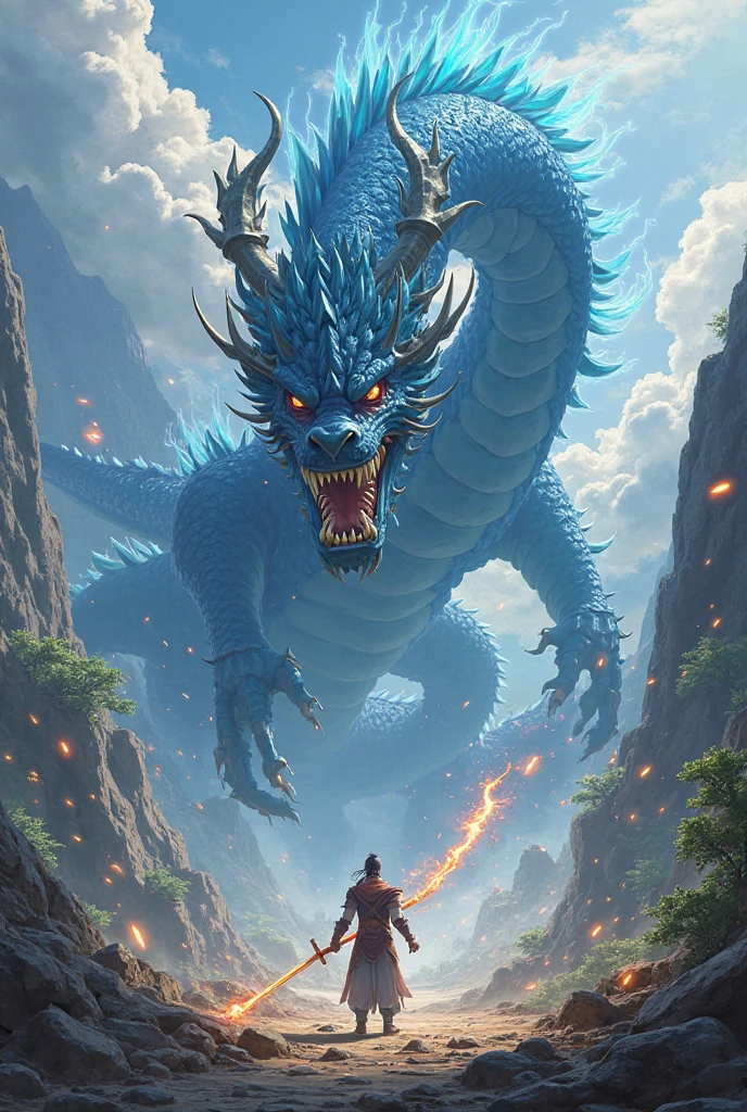 Chinese style, masterpiece, best quality, super detailed, , high contrast, a blue Chinese dragon looks down on the girl, the girl looks at the dragon, fairy mountains, clouds and mist, Chinese style