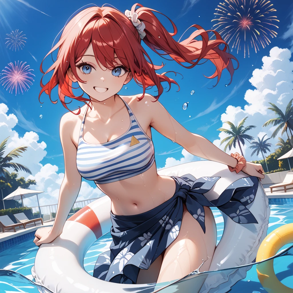Red single ponytail,eBlue eyes,比基尼,fire works,Long open mouth and smile