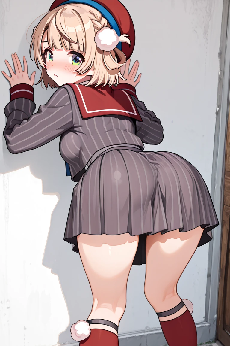 1 girl、red uniform、white mini skirt、Blue bow tie、big breasts、school classroom、brown hair、white inner、fart、a lot of gas、Satisfied smile、put pressure on your face、blush、shyness、Gas comes out of the butt
