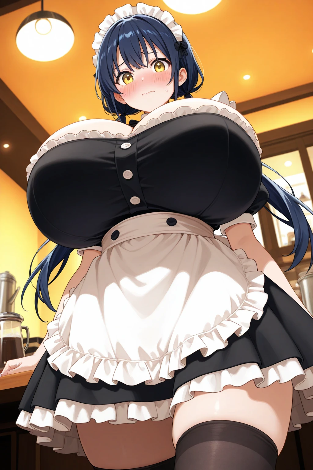((masterpiece:1.2, best quality)), 1girl, solo, grey wolf \(kemono friends\), heterochromia, wolf ears, blue eye on left eye, long hair, multicolored hair, black hair, wolf tail, yellow eye on right eye, full body, ((coat:1.3)), hyper breasts, (((gigantic breasts:1.3))), cute, ((plaid skirt)), cute, ((thick thighs)), ((milf)),