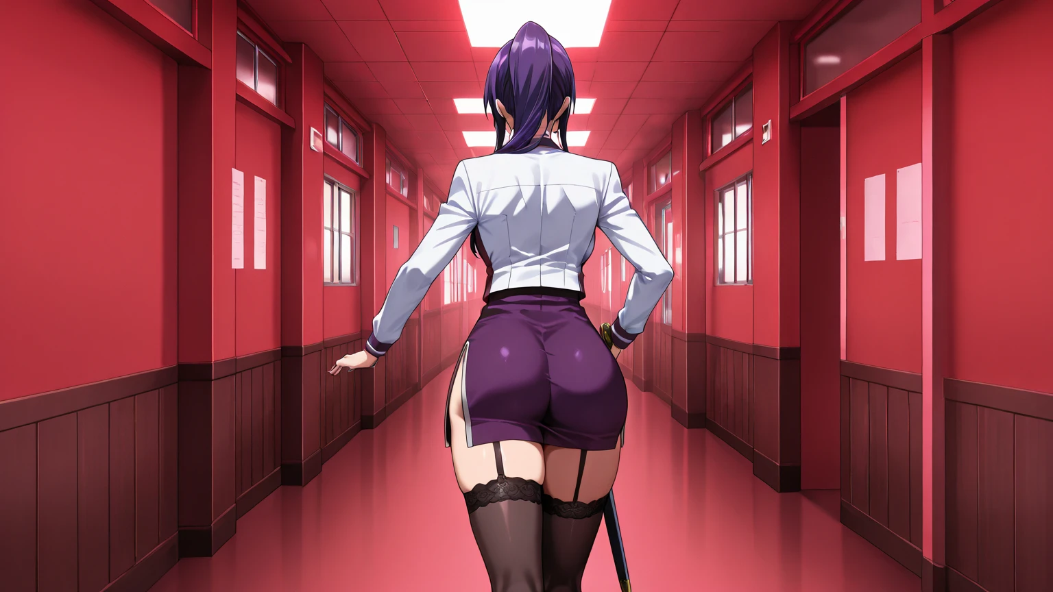Rear view、black stockings、panty shot、blazer、Glasses、Beautiful Girl Magician、purple hair long bob hair、((whole body))、(((photo taken from below)))、school gate