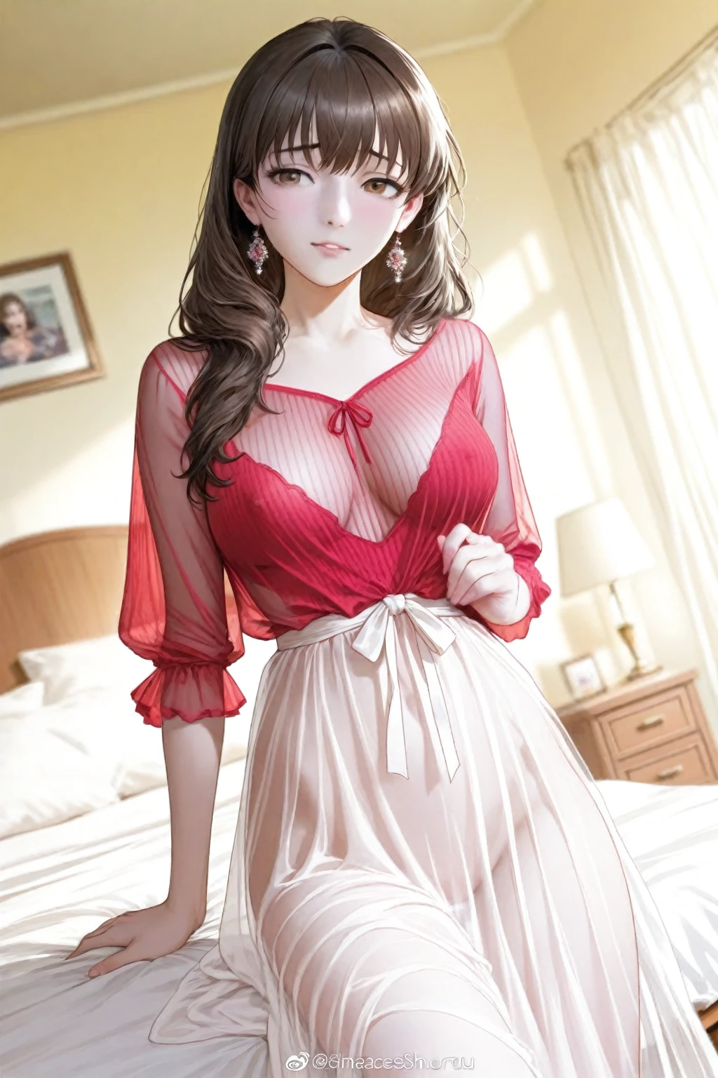 1girl,(RED theme: 1.2), (Sheer fabric pajamas: 1.5),(Velvet fabric robe: 1.5), (Ice flower Robe: 1.4), ,garden,moon,huge breasts,lactating,(lip gloss),(masterpiece), best quality, (real life portrait photography:1.5),unltra detailed,8K,Shot with a professional-grade camera like the Nikon D850,every intricate detail is captured, from the subtlest expression to the glimmer of anticipation in her eyes,,nanami
