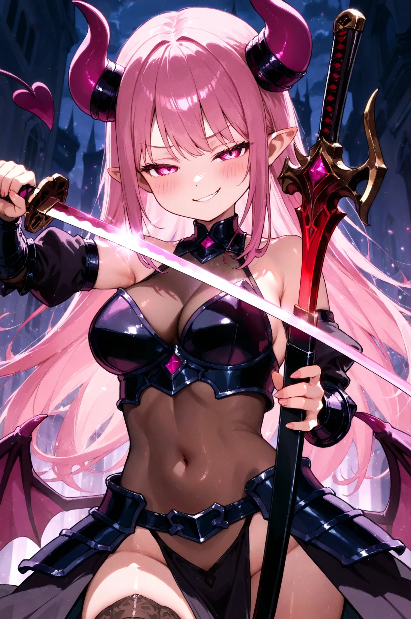 Pink metal bikini armor and helmet、blue eyes、Purple long hair、Macho woman、Fight against goblins in the dungeon with a sword