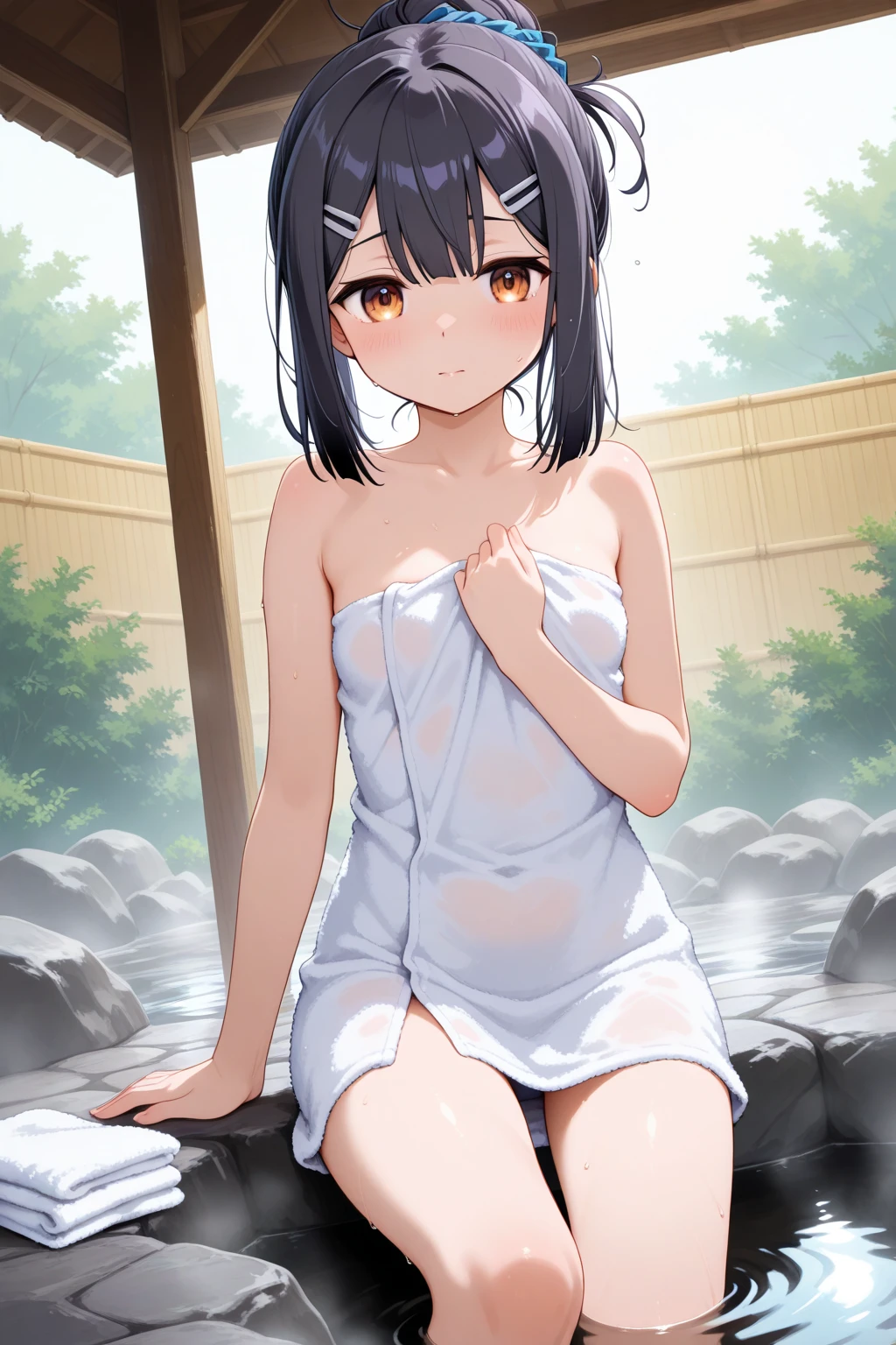 (,young girl ,short stature,gyaru)) ,flat chest,nsfw,,,big head、black hair,long hair,.shy, sexual ecstasy, blush,onsen,sitting,,nude