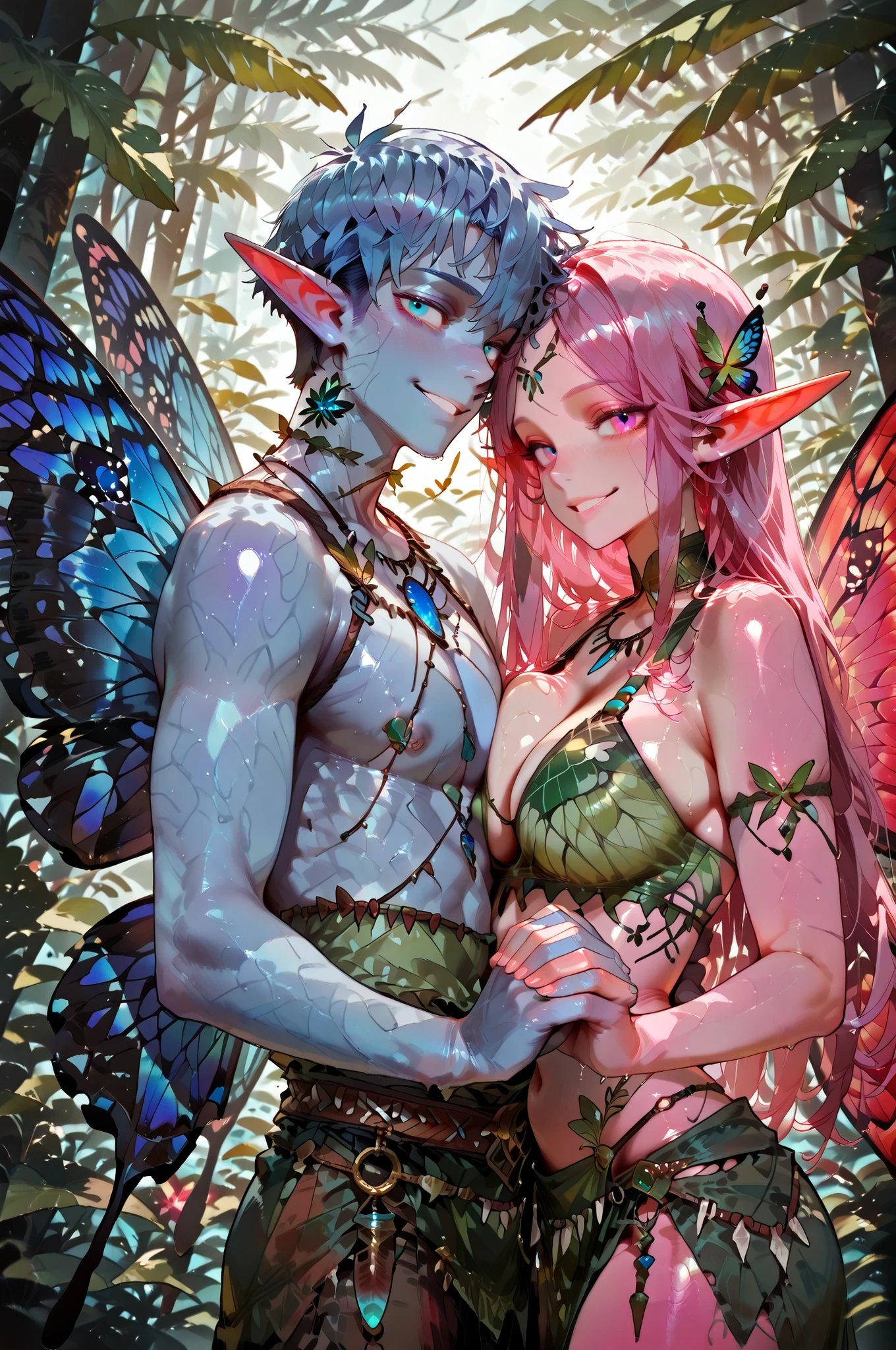 masterpiece, best quality, amazing quality, very aesthetic, high resolution, newest, hyper-detailed, (long shot), couple holding hands ((fairys)),gentle smile; mature man blue hair, short hair, short bang hair, ((butterfly wings)), ((Elf ears)) blue skin, tribal clothes); mature woman pink hair, long hair, long bang hair, ((butterfly wings)), ((Elf ears)) pink skin, tribal clothes) fantasy theme, fron to the viewer, fan art, absurdres, amazing tropical forest background, depth of field