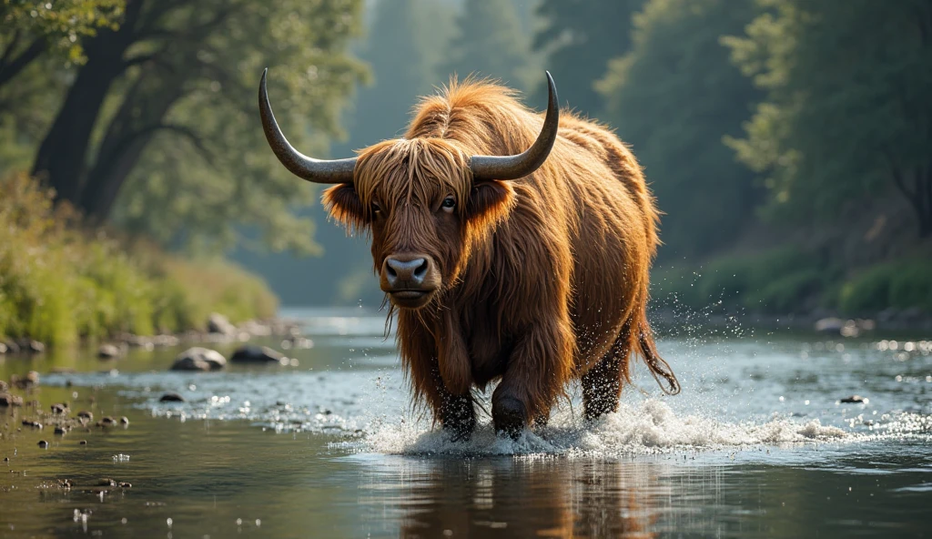 Realistic highland cow chilling in an ice lake