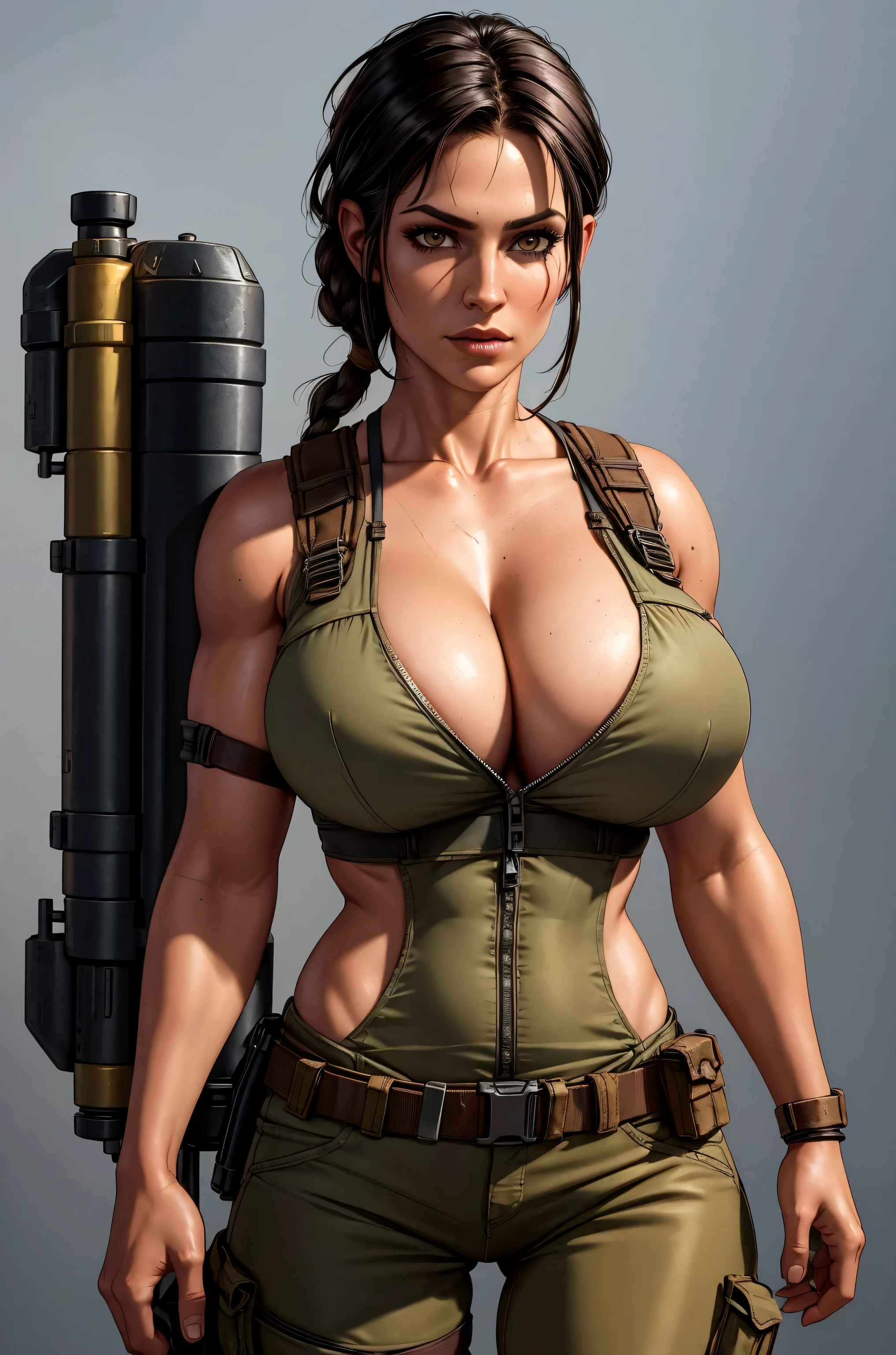ShevaRE Sexy brown skin huge breast attractive face female thick lips parted lips serious face ponytail black hair tight clothes white shirt badass with sniper rifle and camo pants on top of building night