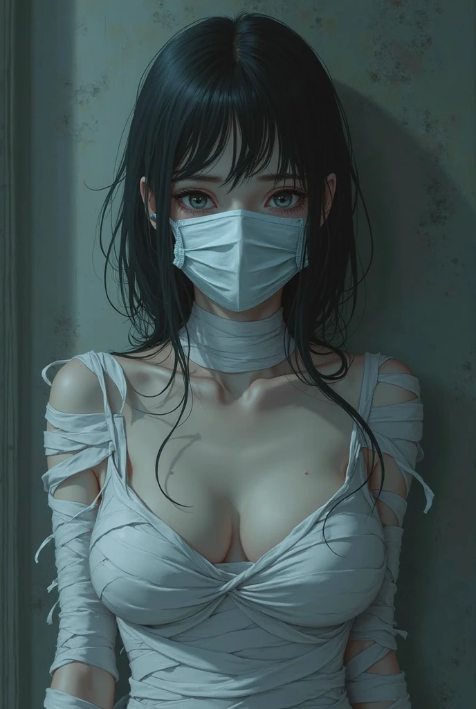 One Girl, mummy, Gagged, silver Packing Tape, Off the shoulder, Bend your body, Place your arms behind your back, big Breasts, Obscene, bangs, ponytail, Blushing, slim, Improvised Gag, Tape gag,big , Packing Tape, Tape Bondage, Beautiful Eyes, Eyes Wide Open, orgasm