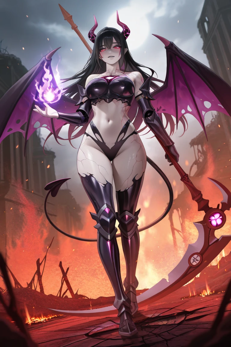 Hellbringers,Whole body diagram。A woman,Messenger from hell,Her expression was hideous,Holding a long whip(The long whip is surrounded by black lightning)。She has a pair of wings on her back(The left wing is black,The right wing is white),A pair of horns grow on the forehead(The tip of the horn appears dark red,Shine brightly),A demon monster covered in black scales,The scales emit a dark glow,The perfect body maintains a fighting posture at all times,Purple lightning bolts around the characters rushed straight to the earth,The background is a sea of magma fire,Layers of heat waves hit you!