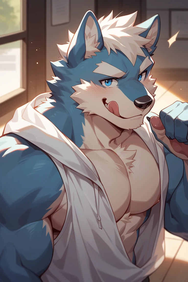 Hominidae, Pose for Camera. 4K, high resolution, Best quality, posted on e621, (Anthropomorphic blue wolf:1.2), male people, 20yr old, Thick eyebrows, Light blue fur, Ultra-short hair, shaggy, Strong body, large pecs, ((Shirtless)), He is practicing boxing, Pink milk clusters, Golden pupils, sweat leggs, White skinny shorts, medium bulge, In the gym, 独奏, (sport, Muscular, Heavyweight:1.2), Correct anatomy, (by Chunie, author:Taran Fidler:0.8), (Detailed eyes:1.2), Sexy, (cel-shaded:1.2), cartoon shading, Serious expressions, Be red in the face, (view the viewer:1.2)