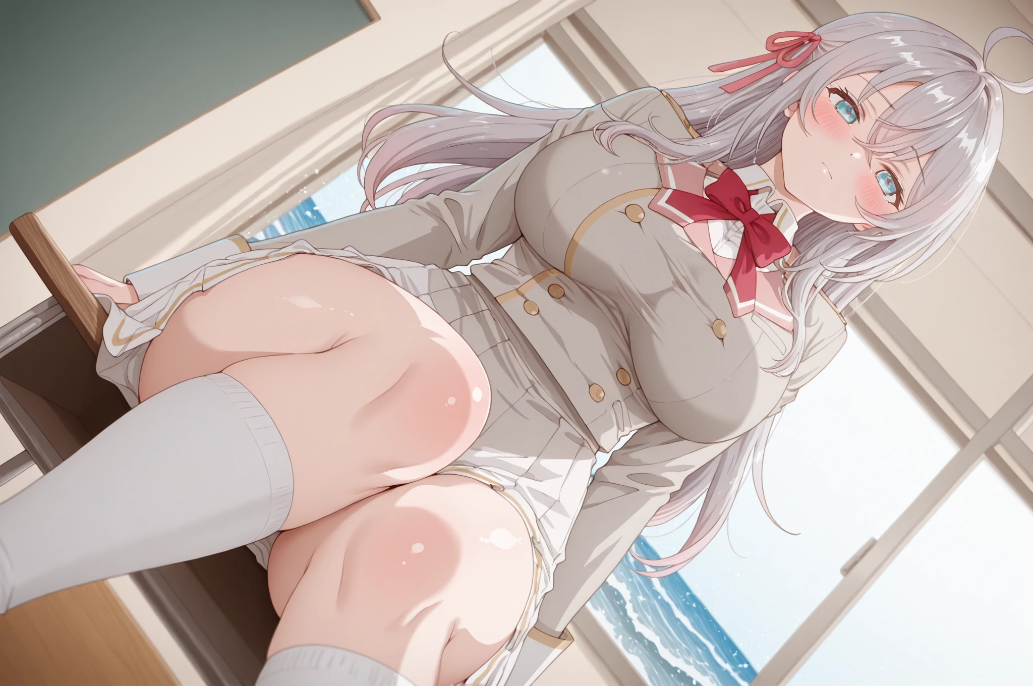 (((Spread your legs)))、((Shiny underwear)))、Uniform Blazer、Beautiful beauty、Long silver hair、((whole body))、(((Photo taken from below)))、school gate、Large Breastini skirt、Panties are blue lace、Japanese、expensive、Long limbs