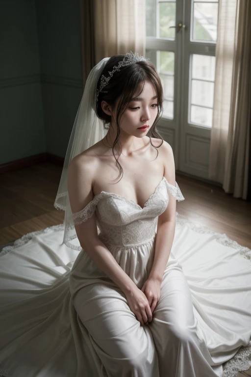 A ghostly bride wandering the halls of a dilapidated mansion, her ethereal form glowing softly in the dark, the intricate details of her Victorian gown and the surroundings hinting at a tragic, romantic backstory.