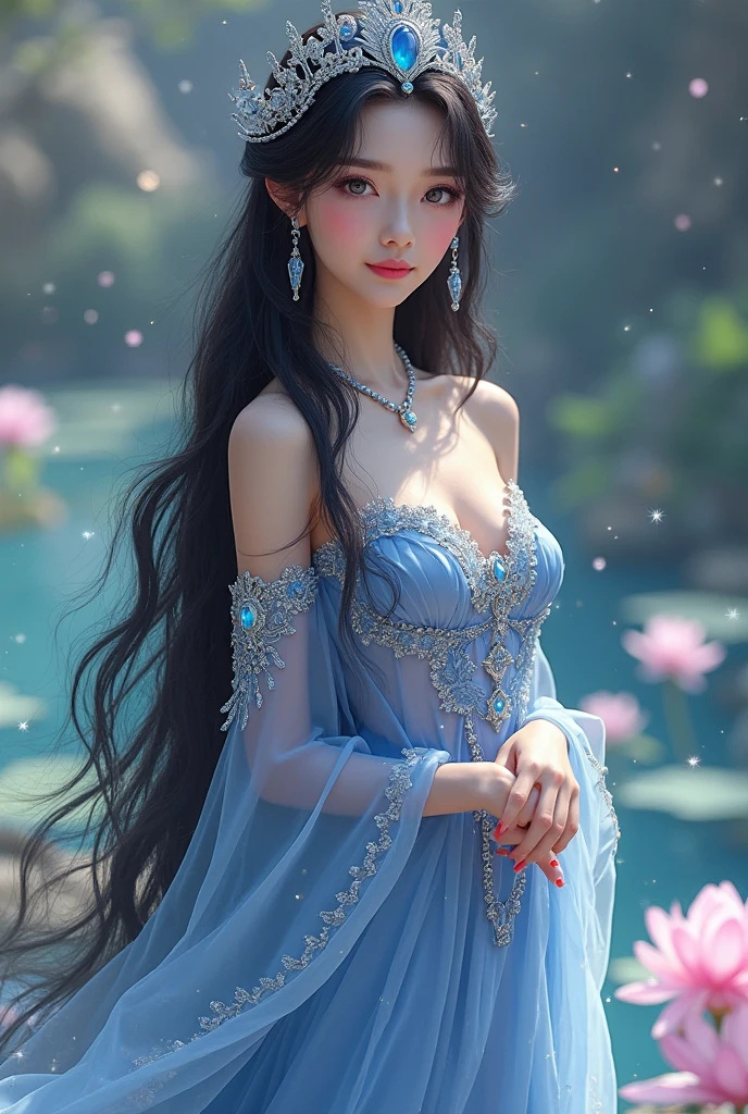 8K, ultra hd, masterpiece, hd colors, 1 girl, perfect face, very long curly hair, detailed eyes, Metallic clothing, ((indigo clothing:1.5)), stocking, ((criss-cross lace)), long sardine, straps, Pendant, net clothing, loops, hip cape, wings, bare waist, jwellery, ornaments, waterside, Realistic scenery, epic scenery, sun rising, evening, clouds, Butterfly, cherry blossom, flowing wind, front body pose, sitting in the water,