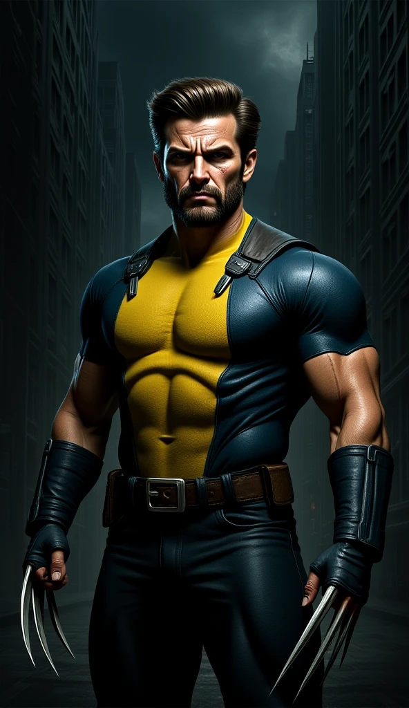 (8k, RAW photo, best quality, masterpiece: 1.2), ultra detailed, authorial art, photo-realistic: 1.37, upper body shot, ((original black and yellow uniform: 1.2)), model, marvel Wolverine, film grain, action pose, a perfect face, 50 years, intricate details, diffused light, by Marvel