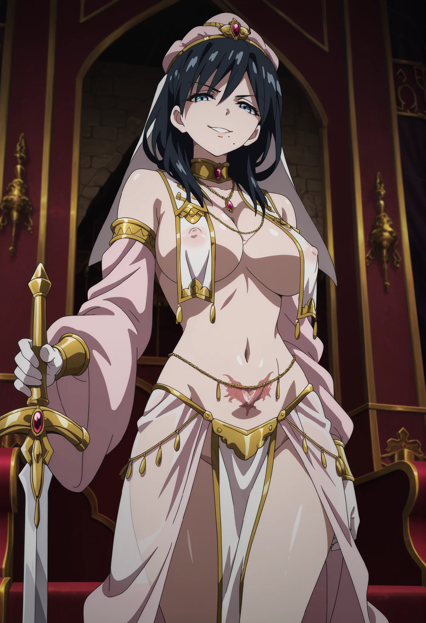 1 girl, Naboral Gamma,black hair, long hair, masterpiece, best quality, highly detailed ,glint,halterneck,gold_choker, complex detailed background,
inside, stone wall, ancient interior, ancient egyptian room, hieroglyphs, dark lighting, dark
atmosphere, (cowboy shot), holding a sword, sword, belly_chain,harem_outfit,navel, necklace,
pelvic_curtain,revealing_clothes, veil,masterpiece,best quality,1girl,mature,evil smile, smile,
female,mature,necklace,pendant, (nsfw) not safe for work, exposed belly, exposed navel, exposed
midriff, exposed lower belly, navel piercing