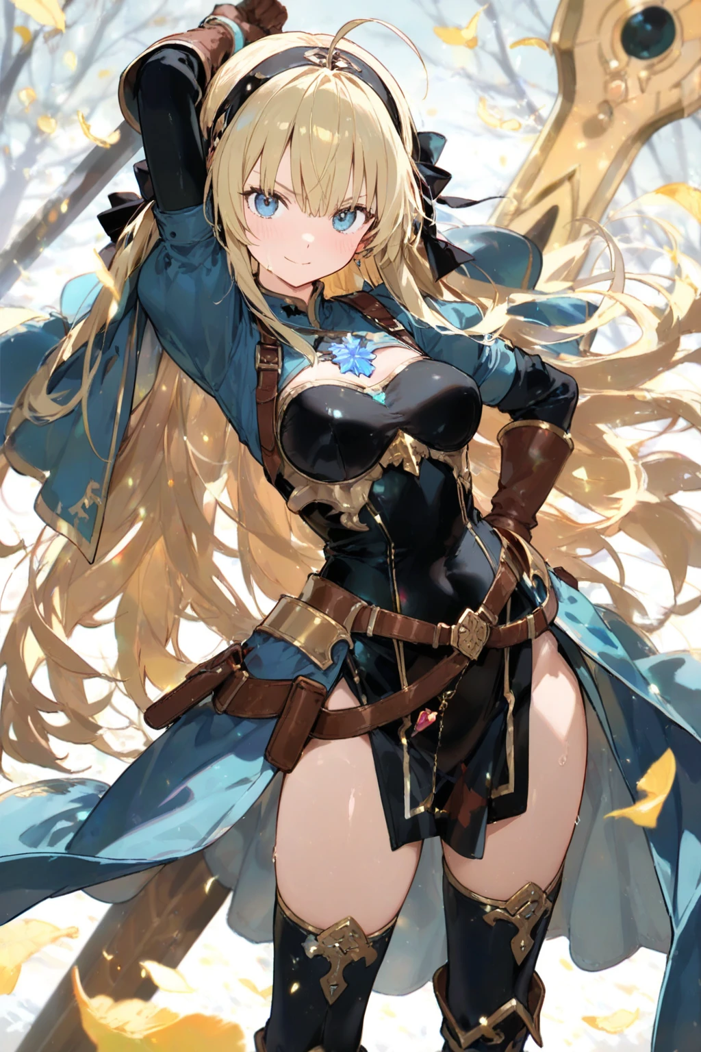 torn_clothes, torn_legwear, chain, torn_dress, thighhighs, chained, long_hair, breasts, large_breasts, blue_eyes, 1girl, bound, blonde_hair, cuffs, restrained, torn_shirt, open_mouth, torn_skirt, torn_sleeves, shackles, dress, torn_gloves, blush, rating:safe, bdsm, v-shaped_eyebrows, blue_dress, injury, black_legwear, cleavage, very_long_hair, solo, boots, rating:questionable, gloves, looking_at_viewer, cape, eyebrows_visible_through_hair, bruise, arms_up, tearing_up, torn_leotard, bangs, belt