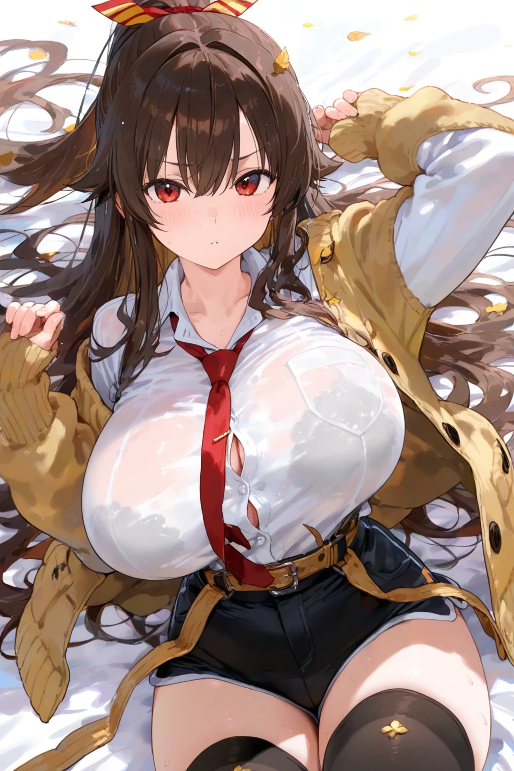zPDXL, zPDXLrl, zPDXLxxx, source_anime, y_d, best quality, masterpiece, 4k, uncensored, prefect lighting, raytracing, glistening shiny, Soft illumination, global illuminations, very aesthetic, anime, detailed face, detailed eyes, hyperdetailed, absurdres BREAK (rapidef, red eyes, brown hair, long hair, bangs, huge breasts:1.1), beret, black jacket, cropped jacket, red necktie, gloves, black shirt, belt, thighhighs, BREAK 1girl,solo,(detailed background:1.3), dynamic angle,dutch angle, cowboy shot,upskirt, (surprised:0.5), happy, light smile, open mouth,,looking at viewer, (covered nipples:0.8), clothes pull,(bouncing breasts:1.2), breasts in motion, (motion blur, motion lines, speed lines:1.2), swinging breasts,aligned breasts,thong,covered pussy, covered pubic hair, pussy peek, (pubic hair:0.6),covered pubic hair, indoors,shiny sky, shiny skin, Curvy body,Slender body, (sagging breasts:0.3), is_pretty, clear
